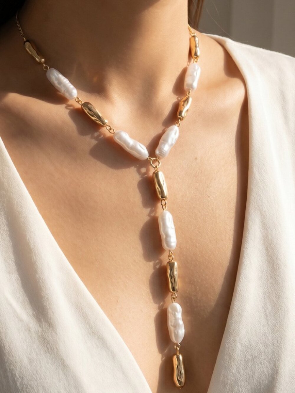 Pearl And Gold Beaded Boho Coastal Cowgirl Y Lariat Necklace